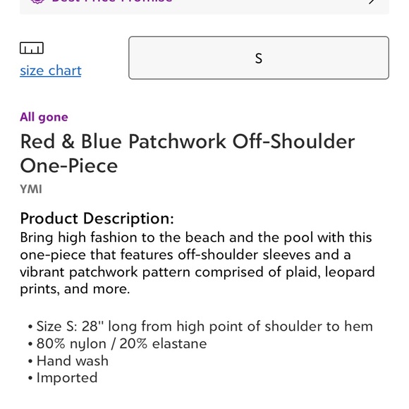 YMI Red & Blue Patchwork Off Shoulder One-Piece Swimsuit Women’s Small NWT - Picture 4 of 4